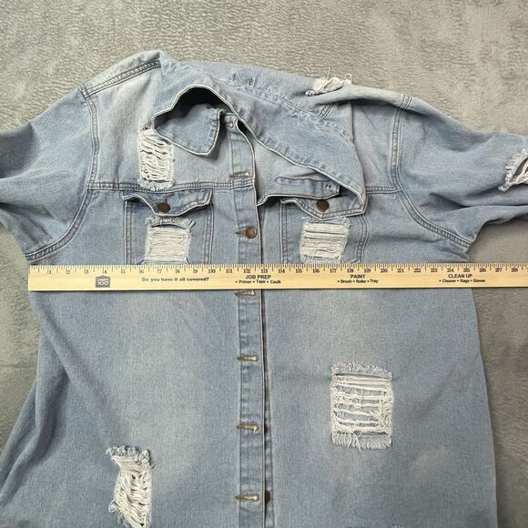 Daisy Blue Distressed Long Denim Jacket Women’s Size 3X Frayed Hem Pockets - Picture 10 of 11